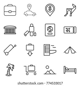 Thin line icon set : portfolio, car pointer, dollar pin, greate wall, airport building, passenger, passport, ticket, suitcase, baggage get, hotel, tent, palm, trolley, landscape, bed