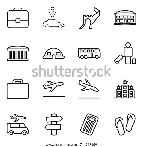 thin line icon set : portfolio, car pointer, greate
wall, airport building, dome house, bus, passenger, suitcase,
departure, arrival, hotel, transfer, signpost, inflatable mattress,
flip flops
