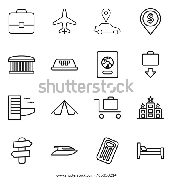 Thin line icon
set : portfolio, plane, car pointer, dollar pin, airport building,
taxi, passport, baggage get, hotel, tent, trolley, signpost, yacht,
inflatable mattress, bed