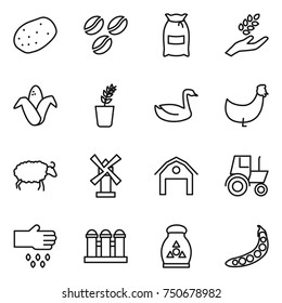 thin line icon set : potato, coffee seeds, flour, harvest, corn, seedling, goose, chicken, sheep, windmill, barn, tractor, sow, grain elevator, fertilizer, peas