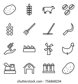 Thin line icon set : potato, spikelets, cow, coffee seeds, fork, rake, sickle, harvest, seedling, windmill, chicken, harvester, barn, grain elevator