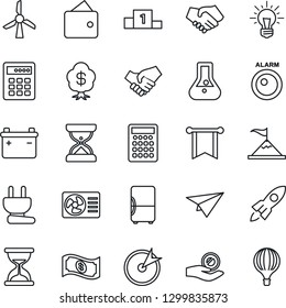 Thin Line Icon Set - power plug vector, air conditioner, fridge, combination lock, windmill, battery, alarm led, target, motivation, rocket, handshake, wallet, pennon, investment, idea, flask, cash