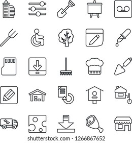 Thin Line Icon Set - presentation board vector, document reload, trowel, shovel, farm fork, rake, tree, bird house, dropper, disabled, tuning, record, sd, notes, download, warehouse, office building