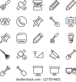 Thin Line Icon Set - presentation board vector, drawing pin, bulb, job, pencil, garden fork, shovel, rake, well, satellite, hdmi, cellular signal, phone, rolling, pc