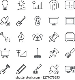 Thin Line Icon Set - presentation board vector, drawing pin, bulb, job, garden fork, shovel, rake, satellite, hdmi, brightness, fingerprint id, cellular signal, ink pen, pencil, plan, phone, pc