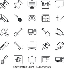 Thin Line Icon Set - presentation board vector, drawing pin, job, garden fork, shovel, rake, well, satellite, hdmi, fingerprint id, cellular signal, pencil, plan, phone, rolling, pc