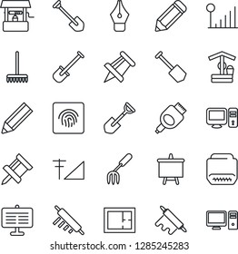 Thin Line Icon Set - presentation board vector, drawing pin, job, pencil, garden fork, shovel, rake, well, hdmi, fingerprint id, cellular signal, ink pen, plan, rolling, pc