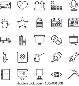 Thin Line Icon Set - presentation board vector, calendar, pills, eye, car delivery, fragile, up side sign, equalizer, microphone, heart, hdmi, place tag, coffee, copybook, tie, office building