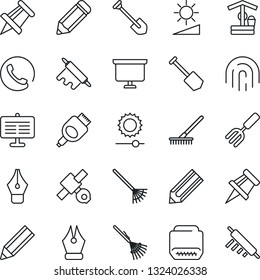 Thin Line Icon Set - presentation board vector, drawing pin, job, pencil, garden fork, rake, well, satellite, hdmi, brightness, fingerprint id, ink pen, phone, rolling