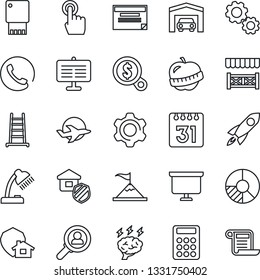 Thin Line Icon Set - presentation board vector, brainstorm, circle chart, ladder, diet, plane, touch screen, settings, calendar, calculator, desk lamp, garage, phone, estate insurance, alcove, gear