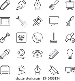 Thin Line Icon Set - presentation board vector, bulb, job, pencil, garden fork, shovel, rake, satellite, hdmi, brightness, fingerprint id, drawing pin, ink pen, plan, phone, rolling, pc