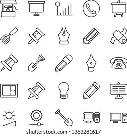Thin Line Icon Set - presentation board vector, drawing pin, bulb, job, pencil, garden fork, shovel, well, satellite, brightness, cellular signal, ink pen, plan, phone, pc