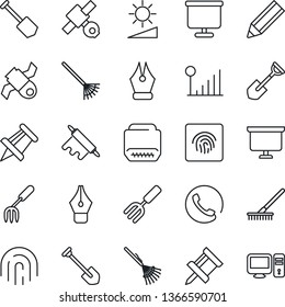 Thin Line Icon Set - presentation board vector, drawing pin, job, garden fork, shovel, rake, satellite, hdmi, brightness, fingerprint id, cellular signal, ink pen, pencil, phone, rolling, pc