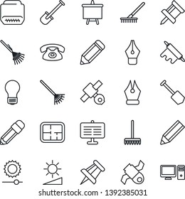 Thin Line Icon Set - presentation board vector, drawing pin, bulb, job, pencil, shovel, rake, satellite, hdmi, brightness, ink pen, plan, phone, rolling, pc