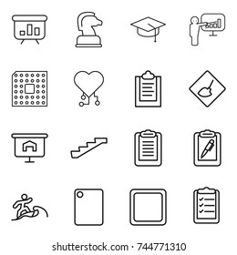 thin line icon set : presentation, chess horse, graduate hat, cpu, cardio chip, clipboard, under construction, stairs, pen, surfer, cutting board, list