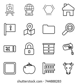 thin line icon set : presentation, notebook globe, hex molecule, home, important flag, map, documents, cargo search, ticket, locked, chest of drawers, mixer, cutting board, tomato, watering, cow