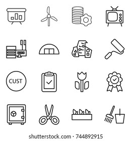 thin line icon set : presentation, windmill, virtual mining, tv, mall, hangare, modern architecture, repair, customs, clipboard check, perishable, medal, safe, scissors, seedling, bucket and broom