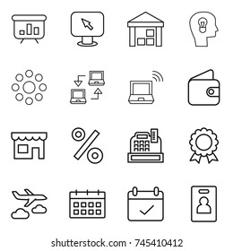 thin line icon set : presentation, monitor arrow, warehouse, bulb head, round around, notebook connect, wireless, wallet, shop, percent, cashbox, medal, journey, calendar, terms, identity card