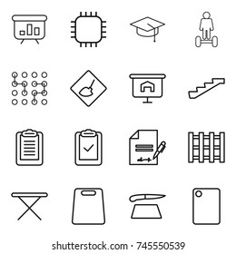 thin line icon set : presentation, chip, graduate hat, hoverboard, under construction, stairs, clipboard, check, inventory, pallet, iron board, cutting