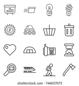 thin line icon set : presentation, delivery, bulb, sun power, lunar rover, basket, bin, heart, hangare, phone, sand clock, cargo search, train, tourist, axe