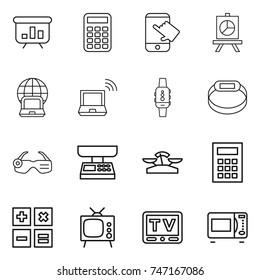thin line icon set : presentation, calculator, touch, notebook globe, wireless, smart watch, bracelet, glasses, market scales, tv, microwave oven
