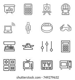thin line icon set : presentation, calculator, notebook globe, wireless, smart watch, bracelet, glasses, market scales, equalizer, tv, microwave oven