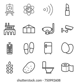 thin line icon set : presentation, atom, wireless, lipstick, factory, greenhouse, diving mask, surveillance, remote control, slippers, fridge, eggs, spikelets, potato, toilet, paper