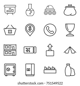 thin line icon set : presentation, round flask, lunar rover, purse, delete cart, dollar pin, phone, wineglass, modular house, ticket, baggage, tent, safe, fridge, seedling, shampoo