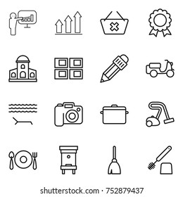 thin line icon set : presentation, graph up, delete cart, medal, mansion, panel house, pencil, scooter shipping, lounger, camera, pan, vacuum cleaner, fork spoon plate, hive, broom, toilet brush