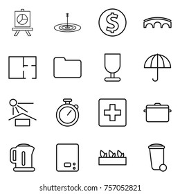 Thin line icon set : presentation, target, dollar coin, bridge, plan, documents, fragile, dry cargo, sun potection, stopwatch, first aid, pan, kettle, kitchen scales, seedling, trash bin