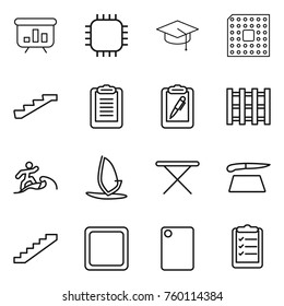 Thin line icon set : presentation, chip, graduate hat, cpu, stairs, clipboard, pen, pallet, surfer, windsurfing, iron board, cutting, list