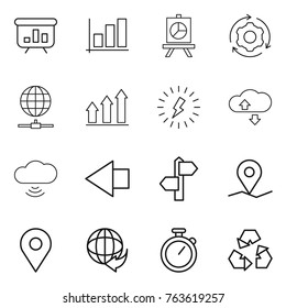 Thin line icon set : presentation, graph, around gear, globe connect, up, lightning, cloude service, cloud wireless, left arrow, signpost, geo pin, delivery, stopwatch, recycling