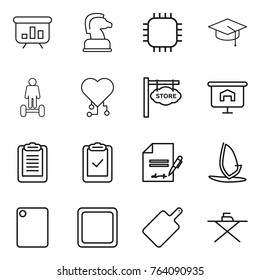 Thin line icon set : presentation, chess horse, chip, graduate hat, hoverboard, cardio, store signboard, clipboard, check, inventory, windsurfing, cutting board, iron