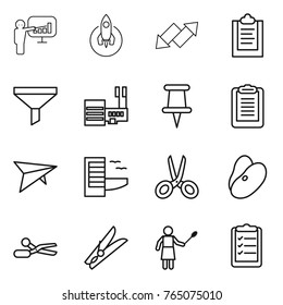 Thin line icon set : presentation, rocket, up down arrow, clipboard, funnel, mall, pin, deltaplane, hotel, scissors, beans, clothespin, woman with duster, list