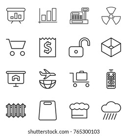 Thin line icon set : presentation, graph, cashbox, nuclear, cart, receipt, unlock, box, plane shipping, baggage trolley, remote control, radiator, cutting board, chief hat, rain cloud