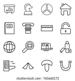 Thin line icon set : presentation, chess horse, diagram, home, copybook, column, bunker, unlock, globe, cargo search, trailer, passenger, hotel, tent, mushroom, horseshoe