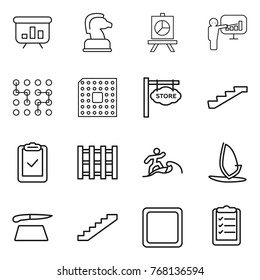 Thin line icon set : presentation, chess horse, chip, cpu, store signboard, stairs, clipboard check, pallet, surfer, windsurfing, cutting board, list