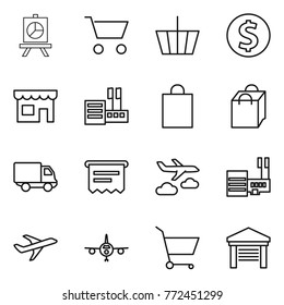 Thin line icon set : presentation, cart, basket, dollar coin, shop, store, shopping bag, delivery, atm receipt, journey, mall, plane, garage