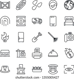 Thin Line Icon Set - printer vector, shovel, rake, fire, seedling, fireplace, seeds, earth, container, shield, heavy, oil barrel, flame disk, camera, cell phone, fingerprint id, bedroom, moving