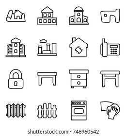 thin line icon set : project, cottage, mansion, slum, building, city, smart house, phone, locked, table, nightstand, stool, radiator, fence, oven, wiping