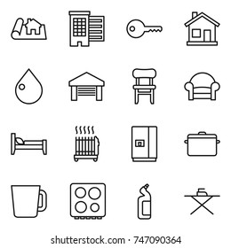 thin line icon set : project, houses, key, home, drop, garage, chair, armchair, bed, radiator, fridge, pan, cup, hob, toilet cleanser, iron board