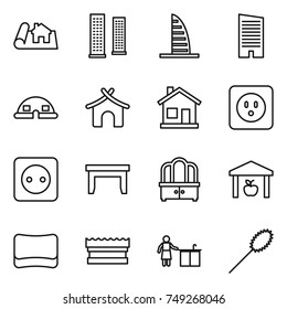 thin line icon set : project, skyscrapers, skyscraper, dome house, bungalow, home, power socket, table, dresser, warehouse, sponge, kitchen cleaning, duster