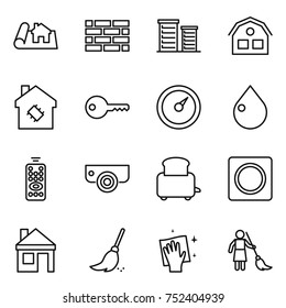 thin line icon set : project, brick wall, district, house, smart, key, barometer, drop, remote control, surveillance camera, toaster, ring button, broom, wiping, brooming