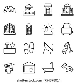 thin line icon set : project, cottage, building, office, remote control, alarm, toaster, repair tools, slippers, satellite antenna, vacuum cleaner, wiping, utility room, bath