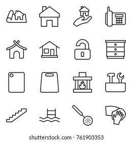Thin line icon set : project, home, real estate, phone, bungalow, unlocked, chest of drawers, cutting board, fireplace, repair tools, stairs, pool, skimmer, wiping