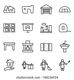 Thin line icon set : project, slum, garage, hangare, panel house, presentation, city, measuring tape, table, fireplace, clean window, water tap sink, housing, kitchen cleaning, brooming