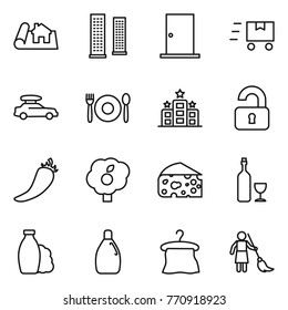 Thin line icon set : project, skyscrapers, door, fast deliver, car baggage, cafe, hotel, unlocked, hot pepper, garden, cheese, wine, shampoo, cleanser, hanger, brooming