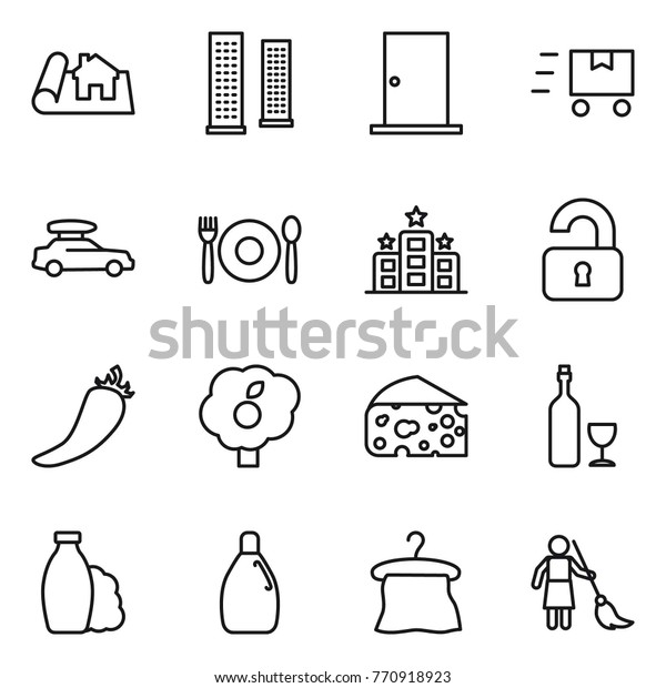 Thin line icon set :\
project, skyscrapers, door, fast deliver, car baggage, cafe, hotel,\
unlocked, hot pepper, garden, cheese, wine, shampoo, cleanser,\
hanger, brooming