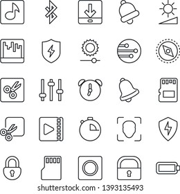 Thin Line Icon Set - protect vector, tuning, alarm, stopwatch, bell, record, scanner, sd, network, download, brightness, cut, bluetooth, compass, lock, face id, music, video, battery