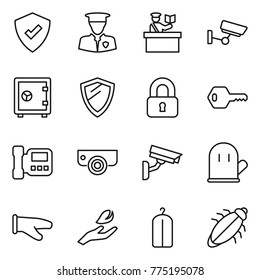 Thin line icon set : protected, security man, inspector, surveillance, safe, shield, locked, key, intercome, camera, cook glove, hand leaf, dry wash, bug
